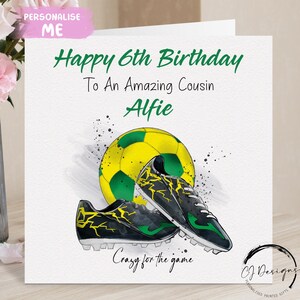Tarjeta de cumpleaños personalizada para primos de fútbol, amarilla y verde, pequeña o grande. Nombre y edad del amante del fútbol: 6.º, 7.º, 8.º, 9.º, 10.º, 11.º, 12.º y 13.º