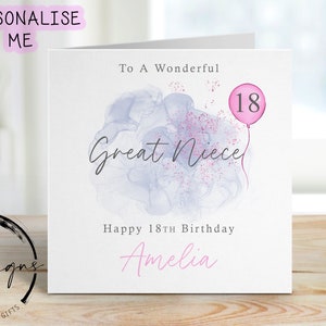 Personalisierte Geburtstagskarte für Großnichte - Blau / Rosa mit rosa Ballon - Karte für Sie, jedes Alter und Name - 16.18.30.40.50