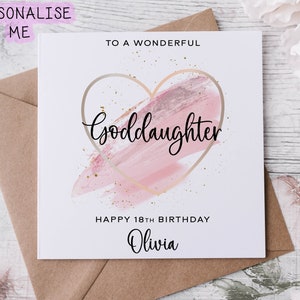 Personalised Goddaughter Birthday Card with Pink Theme Heart Design Age and Name Card For Her 16th 18th 21st 30th, 40th,50th