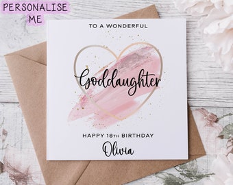 Carte d'anniversaire personnalisée de filleule avec l'âge de conception de coeur de thème rose et la carte de nom pour elle 16ème 18ème 21ème 30ème, 40ème, 50ème