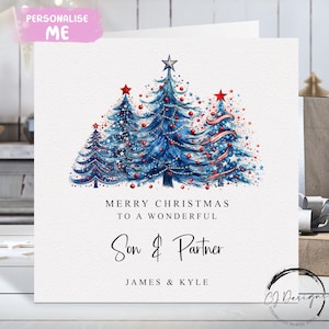 Carte de Noël personnalisée pour fils et partenaire sur le thème bleu et rouge avec noms pour couple d'arbres de Noël