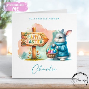 Carte de Pâques personnalisée neveu avec nom - Illustration de petit garçon Lapin de Pâques avec panier - Carte pour lui