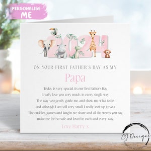 Carte personnalisée pour la fête des pères - couleur rose, thème safari, première fête des pères, poème comme mon papa - nom, n'importe quelle expression, 1ère fête des pères