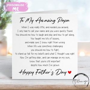 Papa Poem Fathers Day Card,- Scheda con versi e cuore rosso QUALSIASI TESTO Scheda piccola o grande