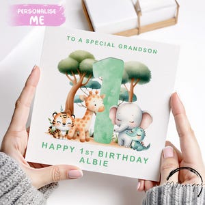 Cartão de aniversário personalizado para neto, animais de safári com número de idade e nome verde 1º 2º 3º 4º 5º 6º 7º 8º 9º Menino de 1 a 9 anos