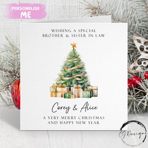 Carte de Noël personnalisée beau-frère et belle-soeur Carte pour couple verte et dorée sur le thème des arbres et des cadeaux