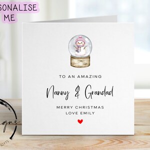 Nanny & Grandad Christmas Card - Personalised Card with Pink Theme Snowman Snow Globe