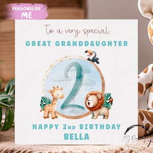 Carte d'anniversaire personnalisée arrière-petite-fille, nom et âge de Safari - pour elle, à tout âge 1er 2e 3e 4e 5e 6e 7e 8e 9e 10e