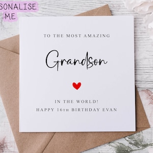 Biglietto di auguri di compleanno personalizzato per nipote con cuore rosso, miglior nipote del mondo, età e nome, biglietto per lui 30°, 40°, 50°, 60°, qualsiasi età