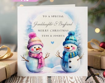 Granddaughter & Boyfriend Christmas Card, Snowman Couple Personalised Design  - 6 or 8 inch