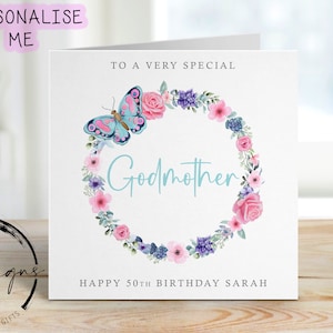 Cartão de aniversário personalizado para madrinha - guirlanda de borboletas florais - qualquer idade/nome, cartão de felicitações 30, 40, 50, 60, 70, 80, 90, 100