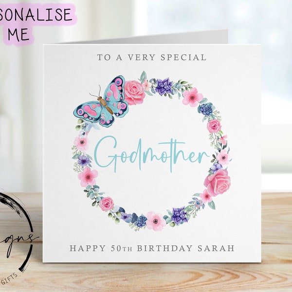 Personalised Godmother Birthday Card -Floral Butterfly Wreath - Any Age/Name, Greeting Card  30th, 40th, 50th, 60th, 70th, 80th 90th, 100th