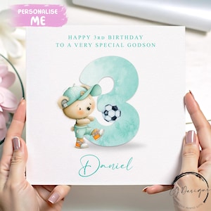 Personalisierte Patenkind Geburtstagskarte, Grüne Fußball Teddybär Zahl Karte, 1.2.3.4.5.6.7.8.9.10.mit Name Alter 1-10