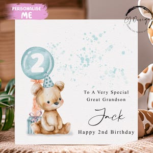 Personalisierte Urenkel Teddybär Geburtstagskarte - Süßer Bär mit blauem Ballon Jedes Alter & Name 1