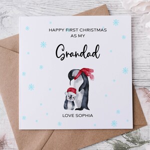Personalisierte erste Weihnachten als mein Grandad Pinguin Weihnachtskarte für Nanny, frohe Weihnachten Grußkarte