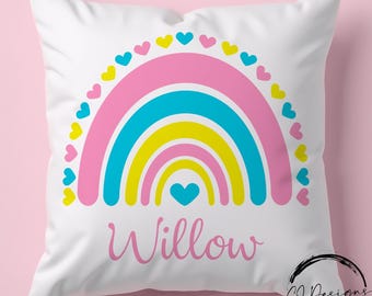 Personalised Rainbow Cushion for Girls, Custom Pink Name Pillow, Bright Kids Room Decor, Nursery Pillow, Toddler Birthday Gift, Blue Yellow