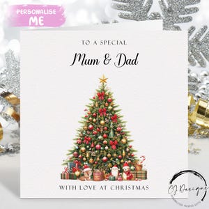 Carte de Noël papa et maman - carte de couple de parents sapin de Noël décoré vert et carte cadeaux