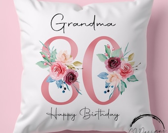 Personalised 80th Birthday Milestone Cushion, 30th 40th 50th 60th 70th 90th 100th Birthday Gift for Her, Floral Pillow for Mum Nan Grandma