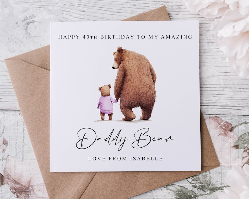 Personalised Daddy Bear Birthday Card from upto 4 Children Daddy and Baby Bear Card for Him Medium or Large card Name/ Age 40th 50th 60th image 3