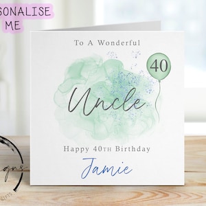 Personalisierte Onkel Geburtstagskarte - Grün / Blau Design mit grünem Ballon - Karte für Ihn, jedes Alter und Name -30.-40.50.60.70
