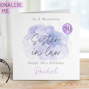Carte d'anniversaire personnalisée belle-soeur - design violet/bleu avec ballon rose - carte pour elle, tout âge/nom -18 ans, 21 ans, 30, 40, 50 ans