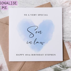 Cartão de aniversário personalizado para genro, cartão de aniversário com coração azul para ele 30, 40, 50, 60, 70, 80, qualquer idade e nome 21