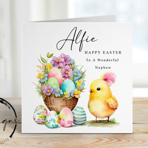 Biglietto di Pasqua personalizzato per nipote con nome - Illustrazione di pulcino e uovo di Pasqua - Biglietto per lui - 2 misure disponibili