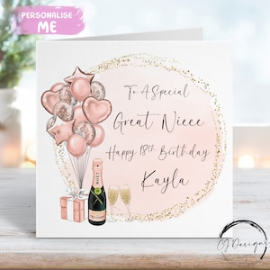 Carte d'anniversaire personnalisée petite nièce or rose et ballons à thème dorés tout âge 14e 15e 16e 17e 18e 19e 20e 21e 30e 40e 40e 50e 60e
