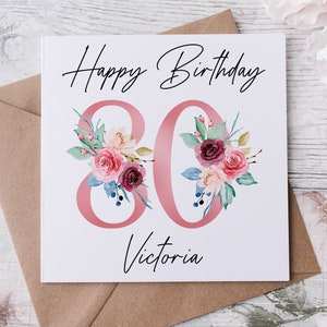 パーソナライズされた80歳の誕生日カード 花柄デザイン、年齢と名前入り 彼女のための40歳、50歳、70歳、60歳、90歳、100歳の誕生日カード