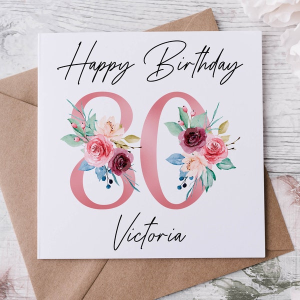 Personalisierte 80. Geburtstagskarte Blumenmuster, Alter & Name Geburtstagskarte für Sie 40., 50., 70., 60., 90., 100.