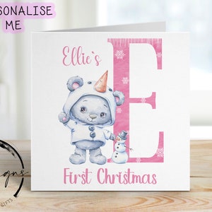 Tarjeta de Navidad personalizada para la primera Navidad del bebé: osito de peluche rosa disfrazado de muñeco de nieve para niña pequeña: letra y nombre