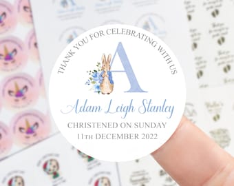 Personalised Christening Stickers - Boys Blue Peter Rabbit Alphabet and Name and Date Thank You For Coming Sticker - 45mm /51mm/64mm
