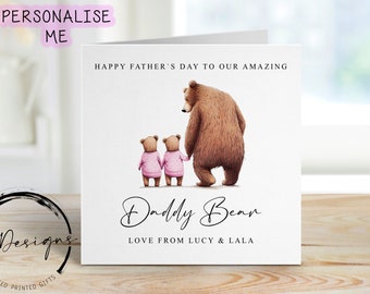 Personalised Daddy Bear Fathers Day Card from TWINS or upto 4 Children -  Daddy and Baby Bear Card for Him Medium or Large card Name and Age