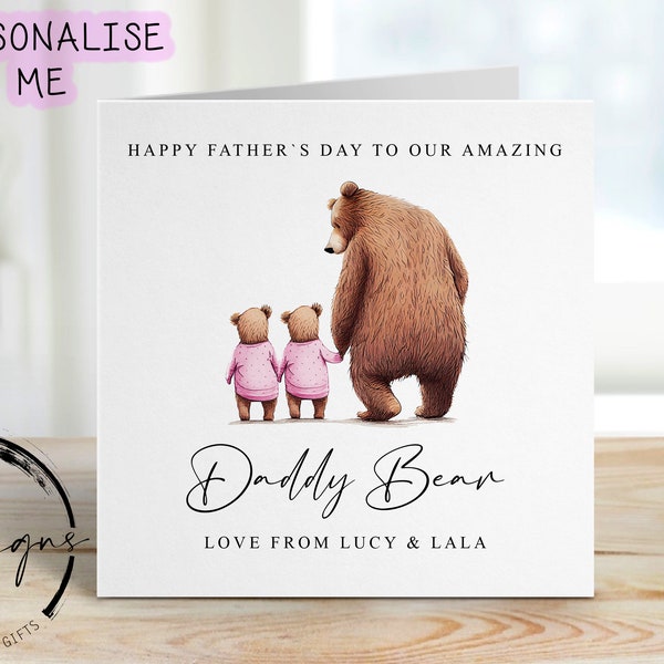 Personalised Daddy Bear Fathers Day Card from TWINS or upto 4 Children -  Daddy and Baby Bear Card for Him Medium or Large card Name and Age