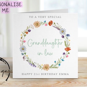 Carte d'anniversaire personnalisée belle-fille - couronne de fleurs sauvages - tout âge/nom, carte de voeux 16e, 17e, 18e, 21e, 30, 40e,