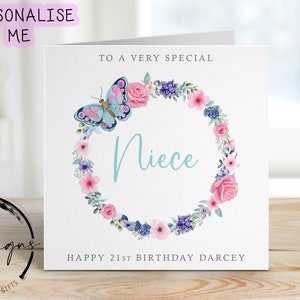 Carte d'anniversaire nièce personnalisée - couronne de fleurs et de papillons - tout âge/nom, carte de voeux 15, 16, 17, 18, 21, 30, 40, 50, 60
