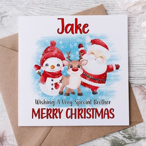 Biglietto di Natale personalizzato per fratello, con Babbo Natale e renne, biglietto per lui Buon Natale Biglietto di auguri personalizzato Nome