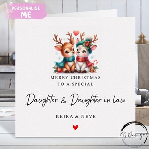 Biglietto di Natale personalizzato per figlia e nuora - Biglietto di coppia di renne amorevoli e cuore rosso