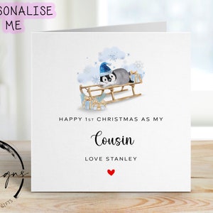 Tarjeta navideña personalizada con el tema azul de mi primera Navidad como prima. Bebé pingüino