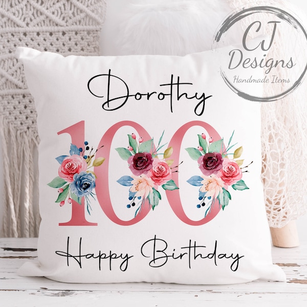 100 ° compleanno Regalo Milestone Cushion Keepsake - Rosa Floral Design Bianco Super Soft Cushion Cover