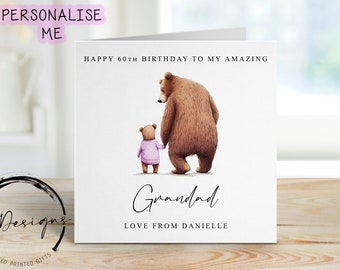 Cartão de aniversário personalizado do vovô urso - Vovô e ursinho até 4 crianças Cartão para ele Médio / Grande Nome / Idade 50º 60º 70º 80º