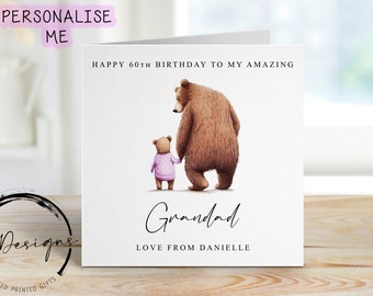 Personalised Grandad Bear Birthday Card -  Grandad and Little Bear upto 4 children Card for Him Medium /Large Name/ Age 50th 60th 70th 80th