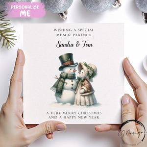 Personalised Mum & Partner Christmas Card -vintage-style Snowman couple card with Names