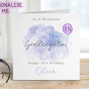 Biglietto di auguri di compleanno personalizzato per la figlioccia - Design viola/blu con palloncino rosa - Biglietto per lei, qualsiasi età/nome - 18°, 21°, 30°, 40°, 50°,