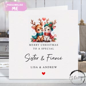 Biglietto di Natale personalizzato per sorella e fidanzato - Biglietto di coppia di renne amorevoli e cuore rosso