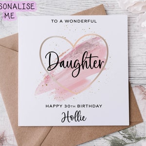 Carte d'anniversaire personnalisée pour fille avec coeur sur le thème rose et carte de visite pour elle 30e, 40e, 50e, 60e, 70e, 80e, tout âge