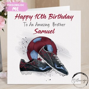 Cartão de aniversário personalizado para irmãos, futebol, Borgonha e azul, cartão pequeno ou grande, nome e idade do amante de futebol, 5º, 6º, 7º, 8º, 9º e 10º anos