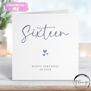 Cartão personalizado de aniversário de 16 anos - Cartão de felicitações com caligrafia impressa em azul e cinza Qualquer idade 18, 21, 30, 40, 50, 60, 70, 80, 90,