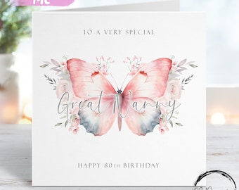 Personalised Great Nanny Birthday Card -Pink & Grey Butterfly Greeting Card For Her Any Age 50th 60th, 70th, 80th, 90th 100th