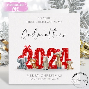 Cartão de Natal personalizado da madrinha 2024 - Safari Animals First Christmas As My Card